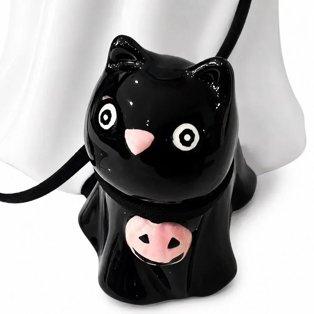Spooky Hollow LED Ceramic Ghost Walking Black Cat On Leash Halloween Decor 9